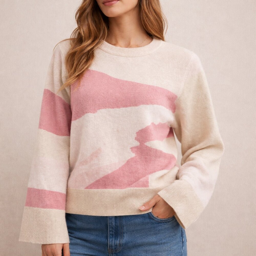 Philosophy 100% Cashmere Sweater Women's M Pink Ivory Abstract Crewneck